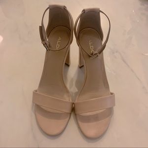 Nude Aldo block heels with gold detail at heel. Shoes have only been worn twice!